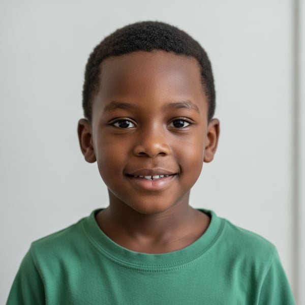 Reference portrait: Deep brown skin, tightly coiled hair, age 5