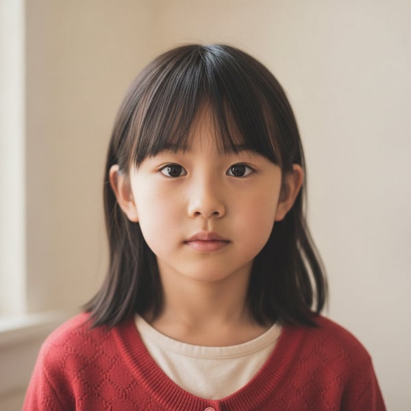 Reference portrait: Straight black hair with a fringe, age 7